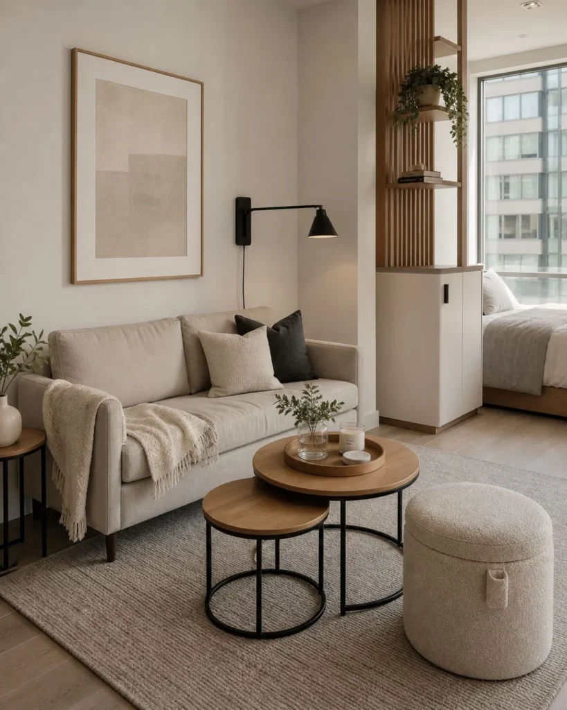 Studio apartment living area with round nesting tables, a storage ottoman, slim sofa, and soft neutral decor.
