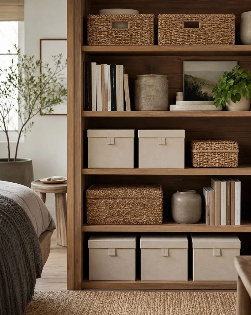 Studio apartment shelving with matching baskets, neutral boxes, ceramic tray, books, and warm wood shelves.
