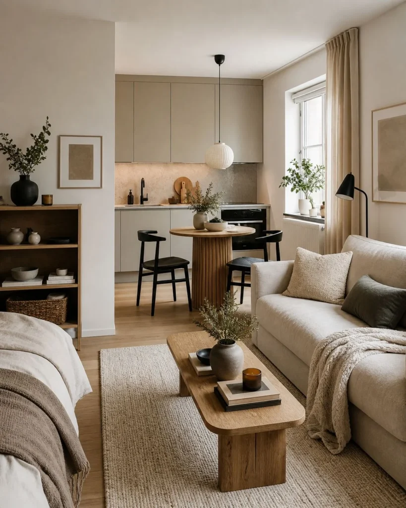 Studio apartment styled with layered beige, cream, oak, and soft gray tones, plus neutral textiles and warm decor.