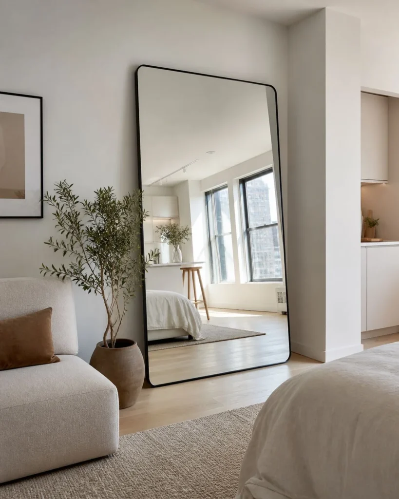 Large floor mirror in a studio apartment reflecting daylight, open layout, and a bright compact room.