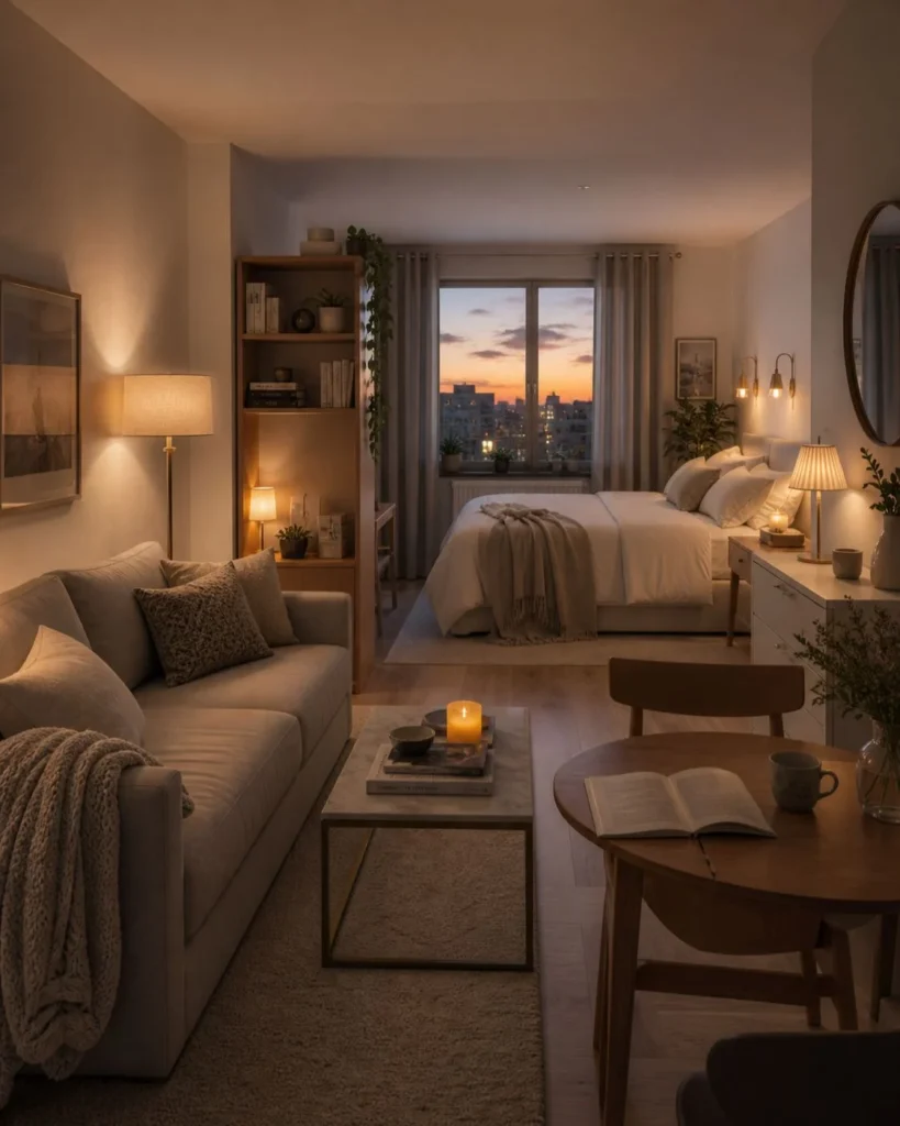 Studio apartment at dusk with layered lighting, a sofa, bed, dining table, and warm lamps defining cozy zones.