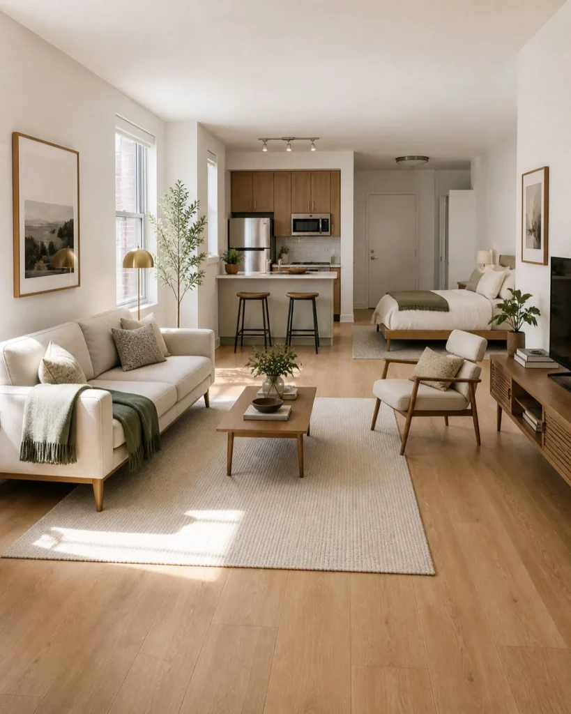 Studio apartment with a low-profile sofa, leggy chair, open floor area, and airy one-room layout.