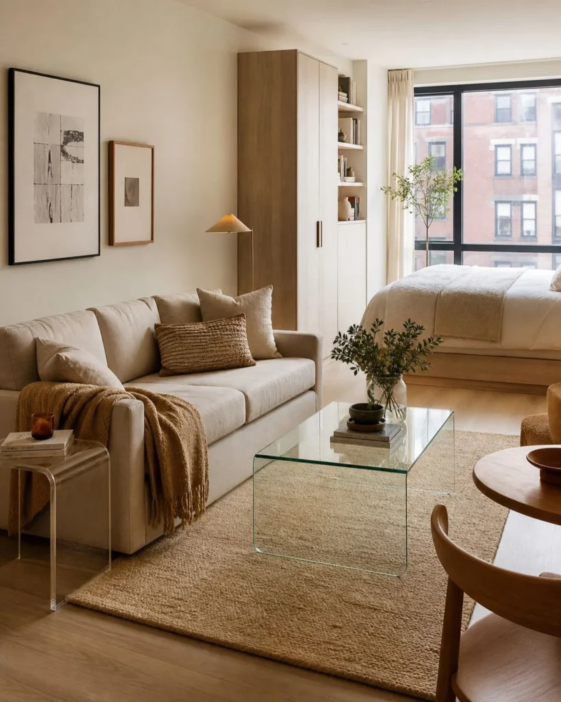 Studio apartment with an acrylic side table, glass coffee table, neutral sofa, warm rug, and cozy airy styling.