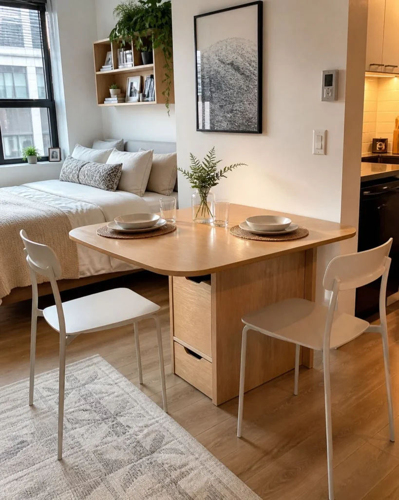 Studio apartment with an open drop-leaf dining table, slim chairs, and a compact corner set for two.