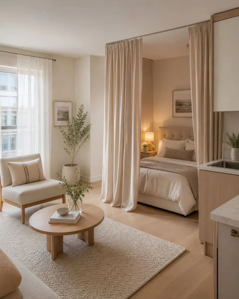 Studio apartment with a soft curtain divider creating a private bed nook in a bright, neutral one-room layout.