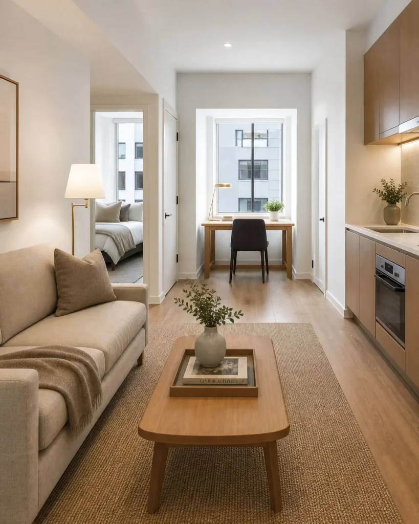 Studio apartment with edited surfaces, tidy desk, uncluttered counters, and a simple styled coffee table.