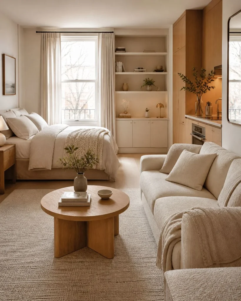 Cozy studio apartment with soft textiles, linen bedding, a textured rug, and a cream sofa in a calm neutral palette.
