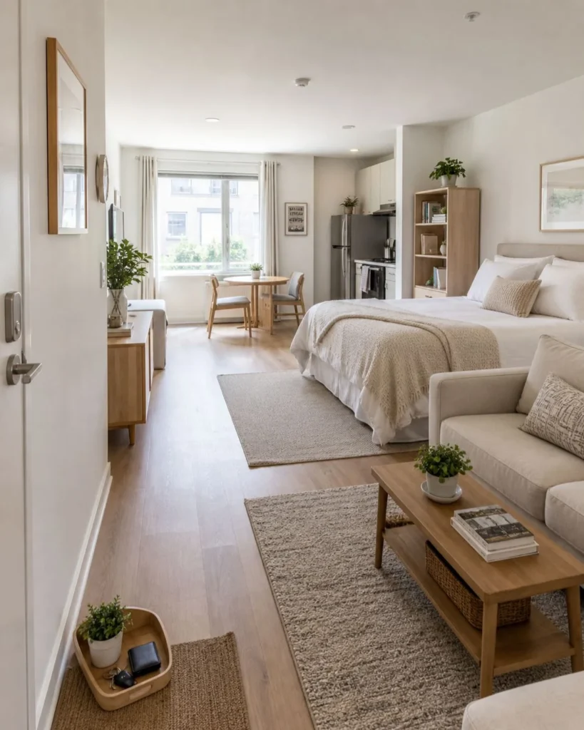 Studio apartment with clear walkways, tidy zones, made bed, aligned dining chairs, and uncluttered surfaces.