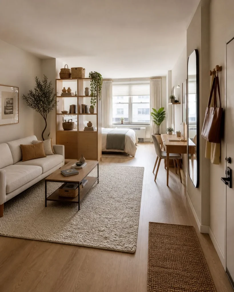 Studio apartment overview with defined bed, lounge, desk, and entry zones, plus a rug, mirror, and bookcase divider.