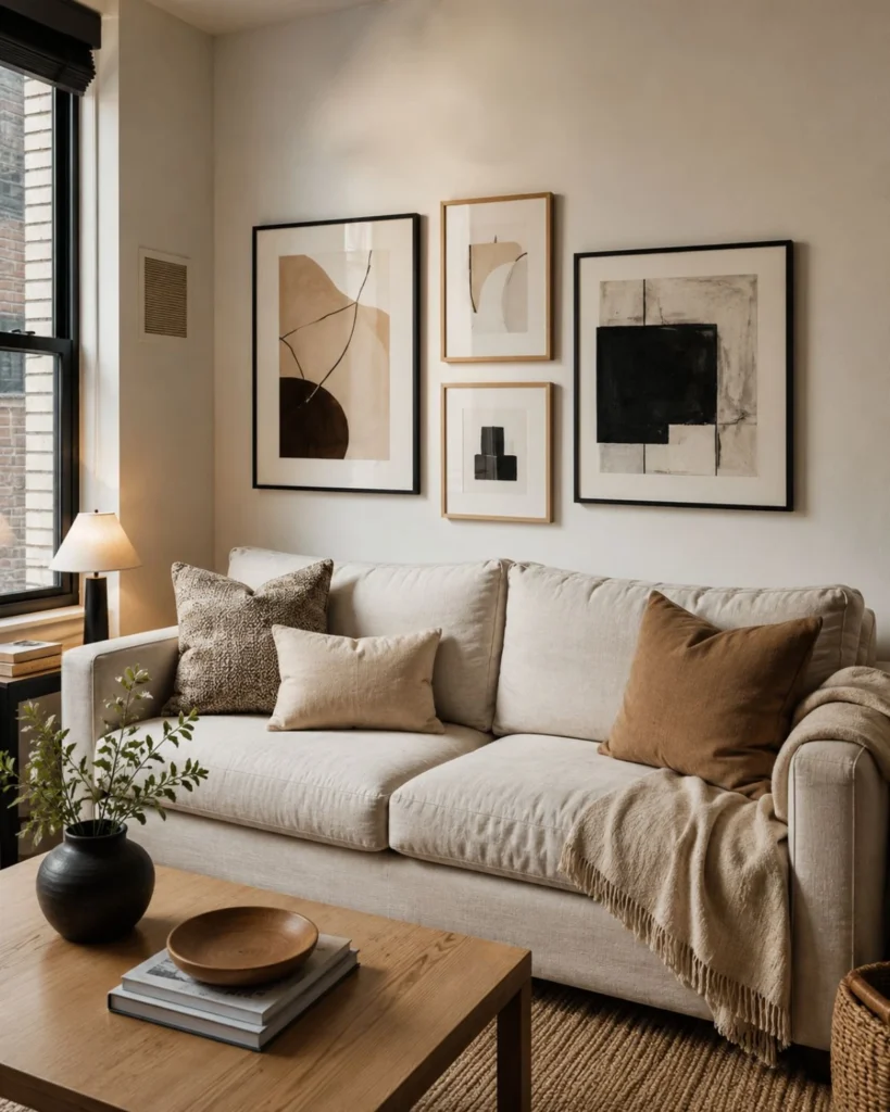 Apartment living room wall with balanced art cluster above a linen sofa and warm neutral decor