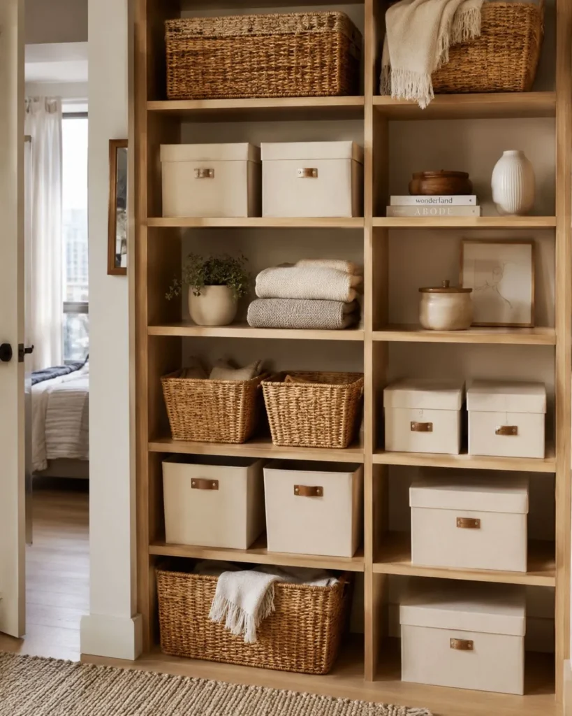 Apartment open shelving with woven baskets, cream storage boxes, folded throws, and neutral decor