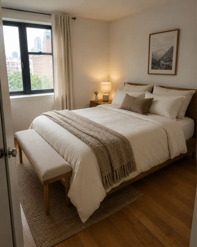 Small apartment bedroom with a slim bench, cream bedding, textured throw, and warm wood accents