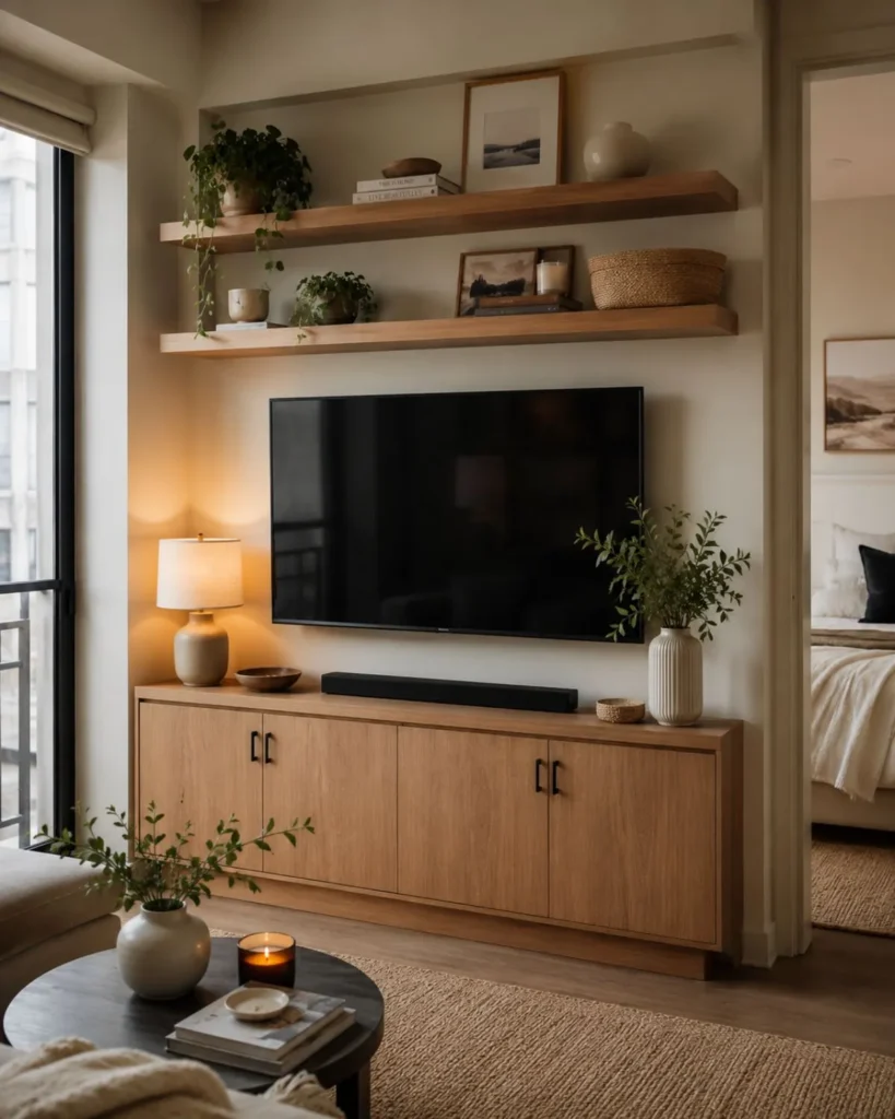 Small apartment media wall with wood cabinet, floating shelves, neutral decor, and hidden storage