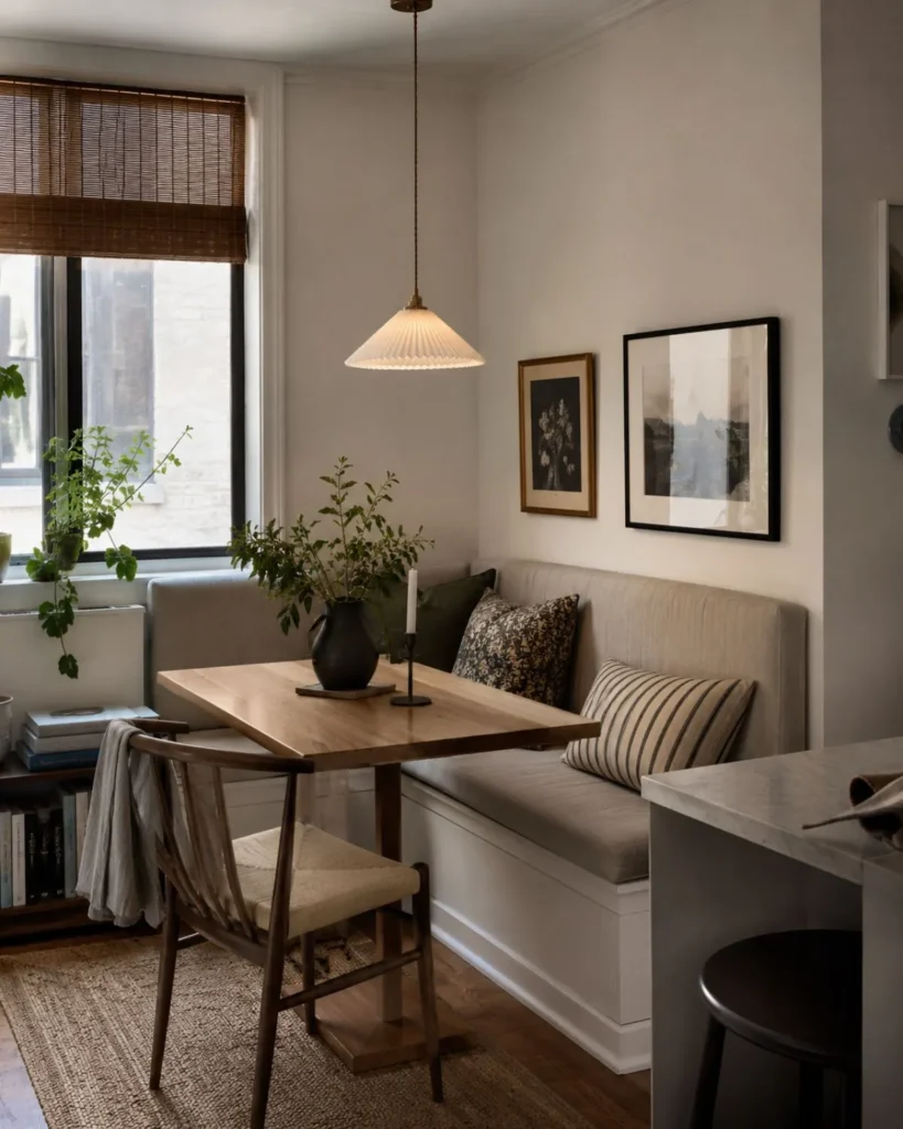 Small apartment dining nook with upholstered bench seating, oak table, pendant light, and layered cushions