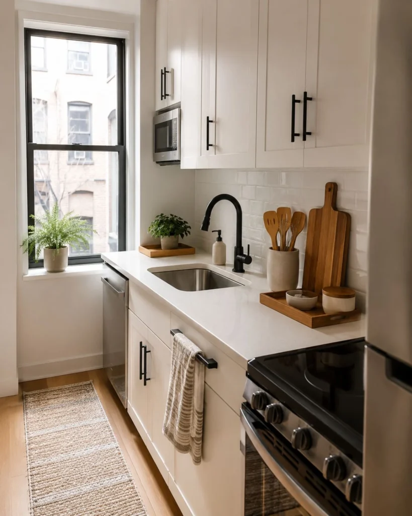 Small apartment kitchen with edited white countertops, oak accessories, black hardware, and minimal decor