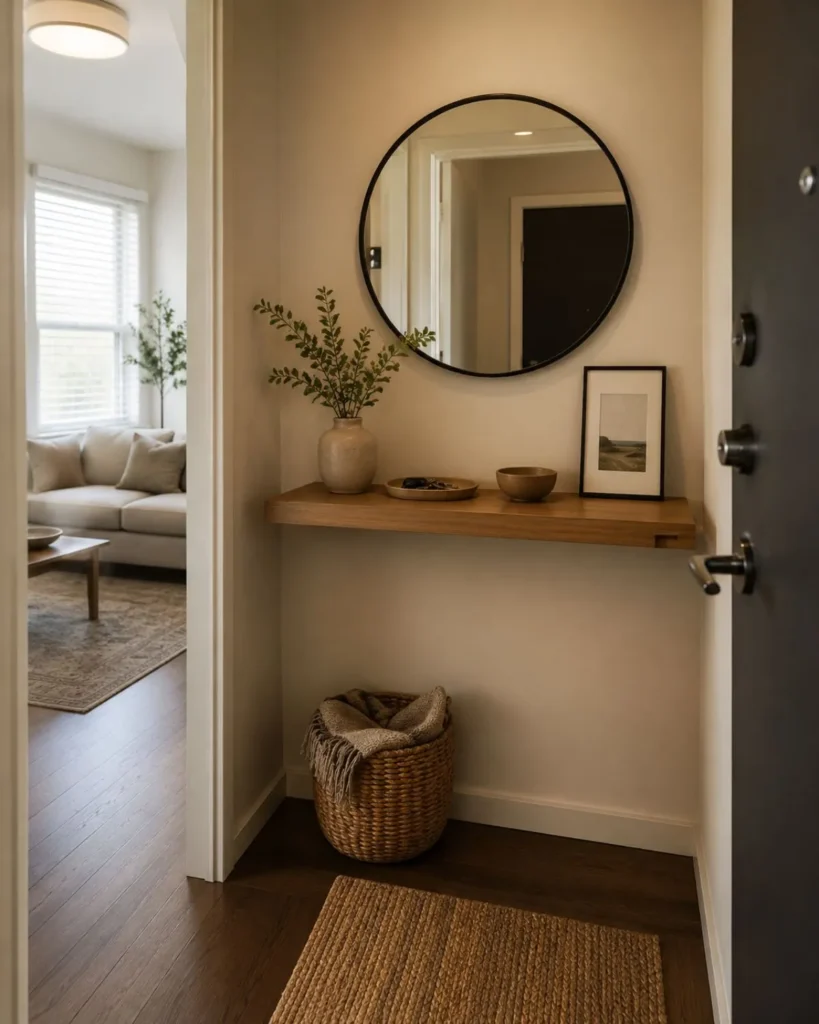 Tiny apartment entryway with a round mirror, slim wood shelf, key tray, and woven basket