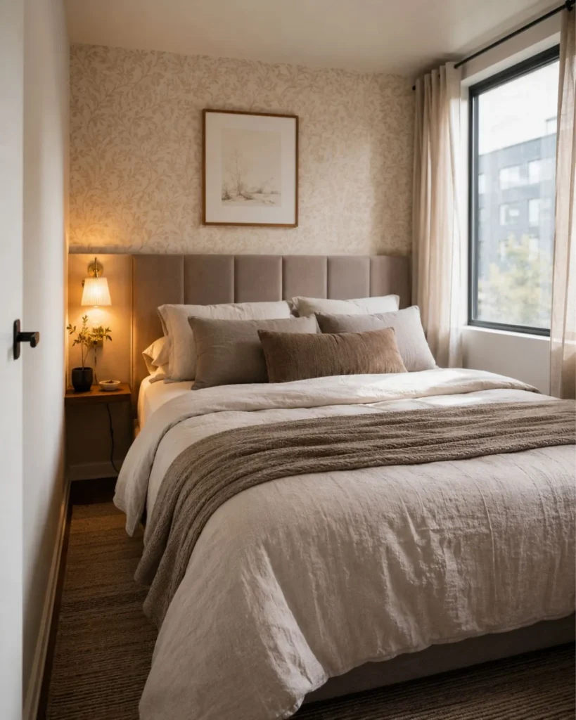 Small apartment bedroom with upholstered headboard wall, subtle wallpaper, layered bedding, and warm neutral decor