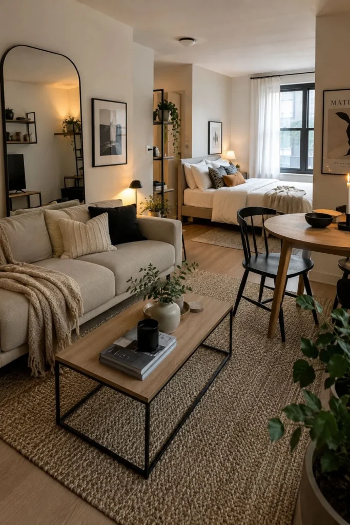 Cozy small apartment with neutral sofa, dining nook, bed area, mirror, plants, and warm layered lighting