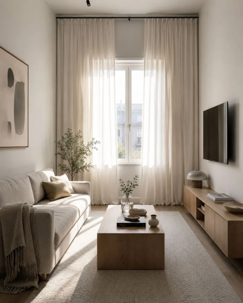 Small apartment living room with ceiling-height linen curtains, low sofa, light wood table, and airy daylight