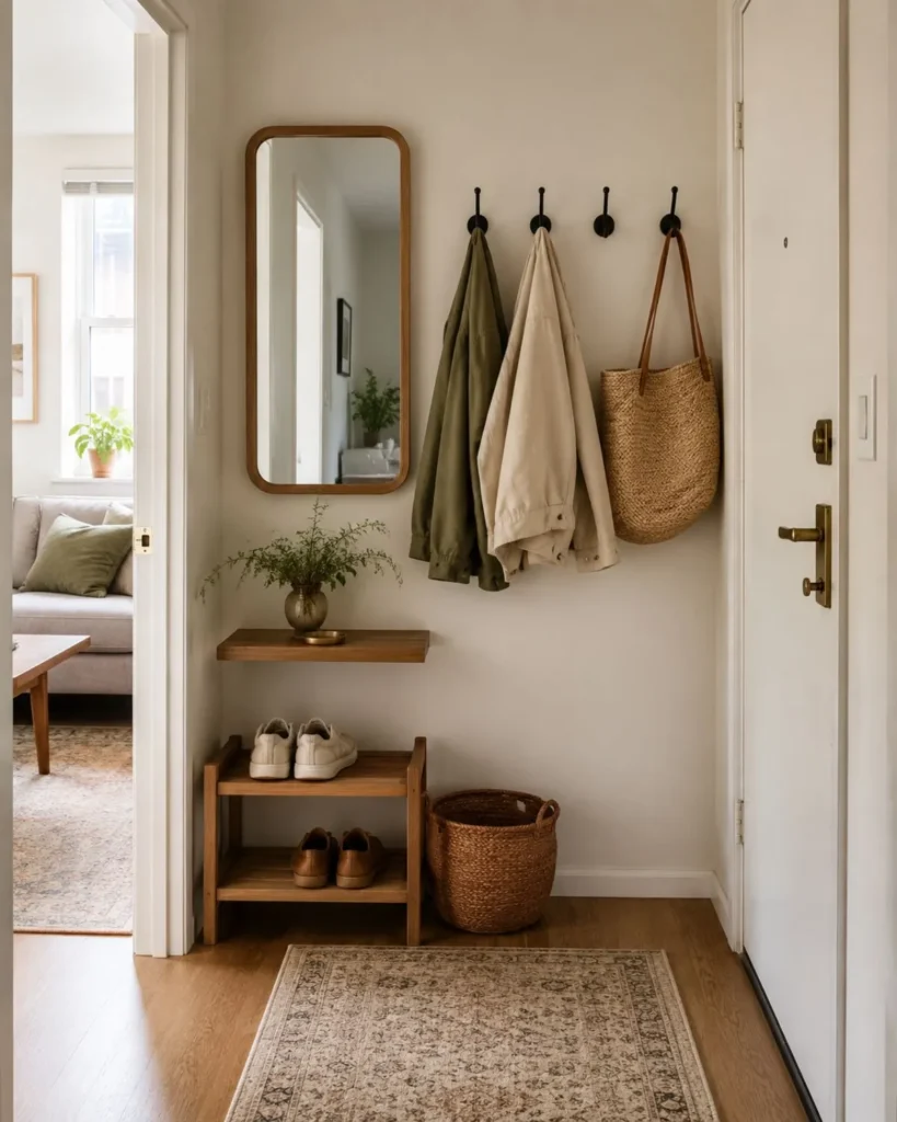 Small apartment entry wall with oak mirror, black hooks, light jackets, woven tote, and runner rug