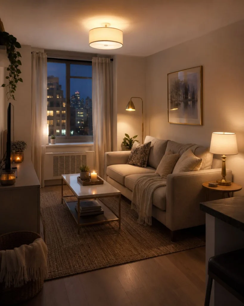 Small apartment living room at dusk with layered lighting, neutral sofa, table lamp, and textured rug