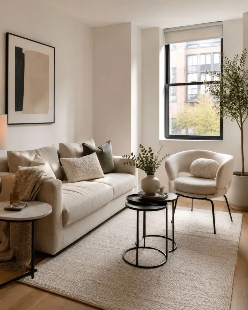 Small apartment living room with low-profile sofa, open-leg accent chair, nesting tables, and neutral decor