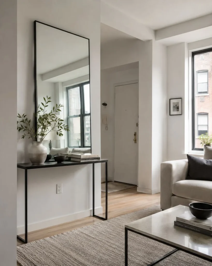 Small apartment living room with a black-framed mirror reflecting daylight above a slim console