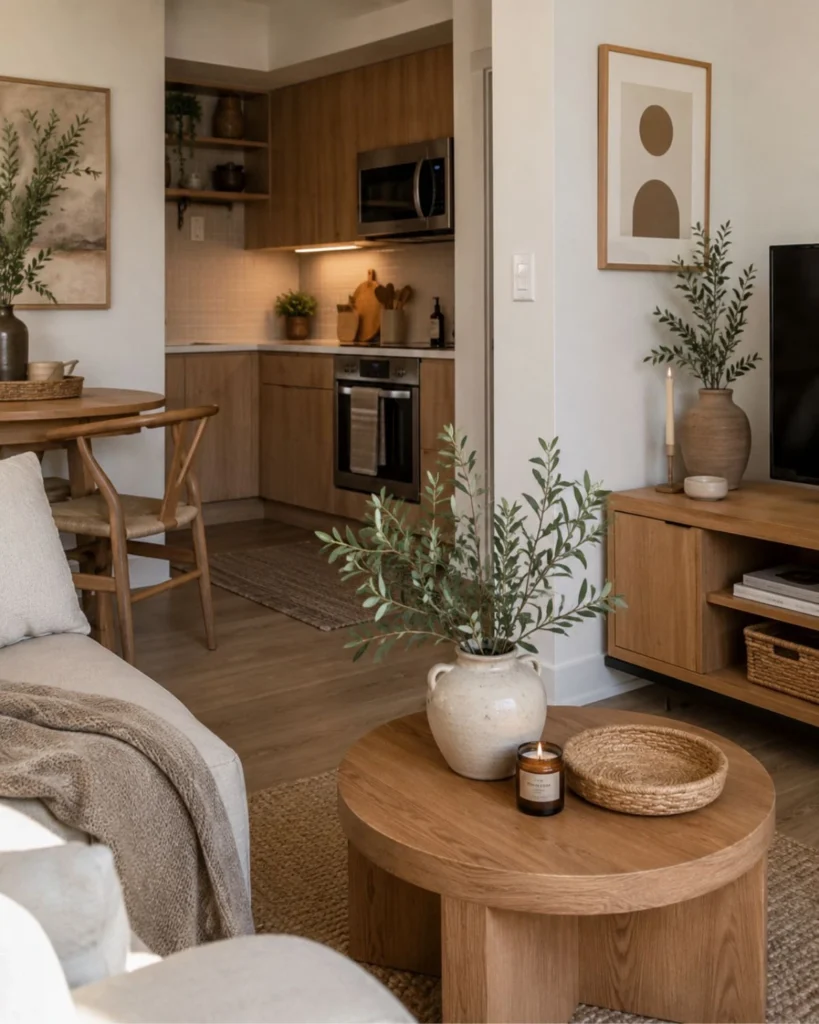 Compact apartment interior with woven textures, warm wood, leafy stems, and rounded ceramic decor
