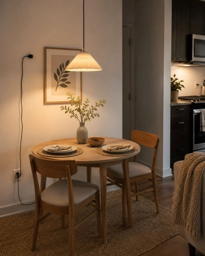 Small apartment dining corner with a plug-in pendant light, round wood table, and neutral place settings