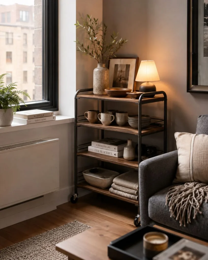 Small apartment corner with a rolling cart, ceramic mugs, books, folded linens, and warm lamp light