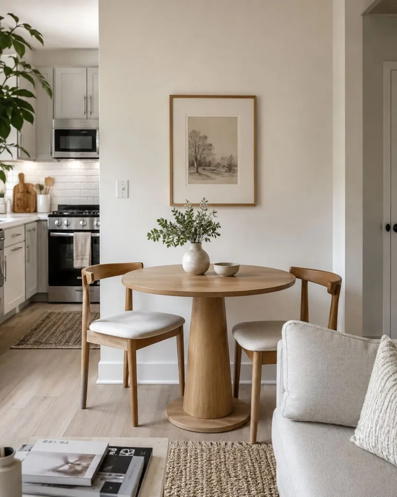 Small apartment dining nook with round pedestal table, two compact chairs, and neutral kitchen-living flow