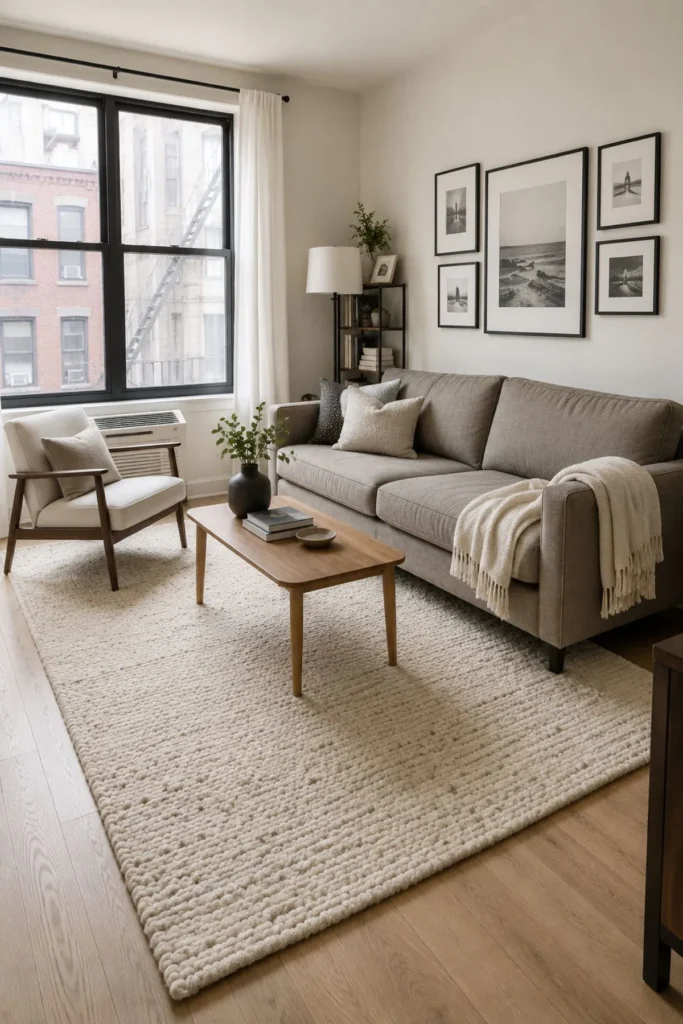 Small apartment living room with oversized cream rug, taupe sofa, chair, and slim coffee table