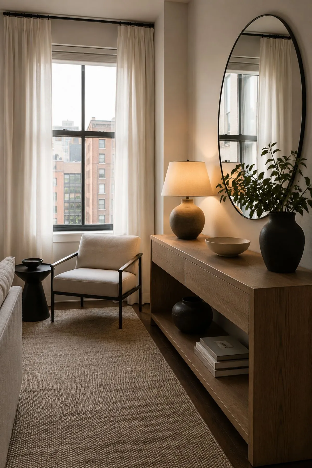 Cozy small apartment with neutral sofa, dining nook, bed area, mirror, plants, and warm layered lighting