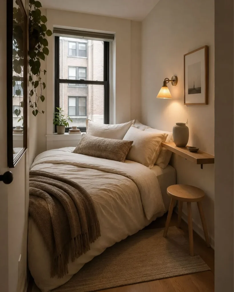 Narrow apartment bedroom with a slim bedside ledge, small stool, beige bedding, and warm wall sconce