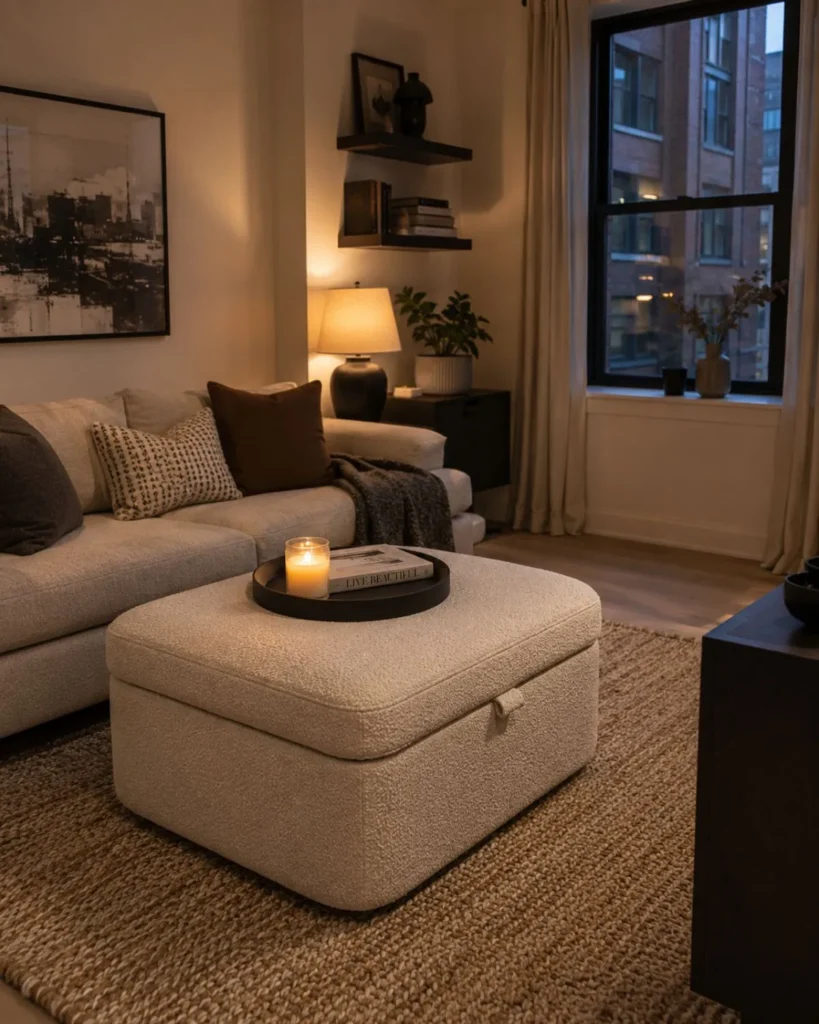 Compact apartment living room with a boucle storage ottoman, tray, candle, sofa, and textured rug