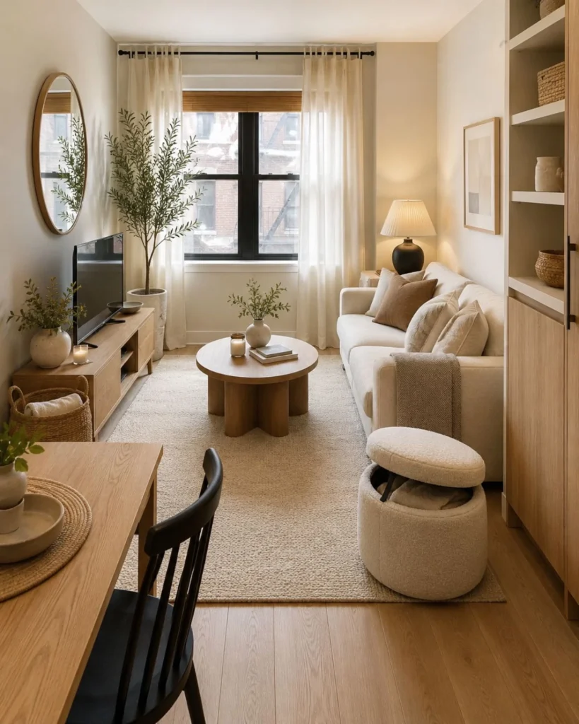 Small apartment living room with rug, lamp, mirror, curtains, compact furniture, and hidden storage