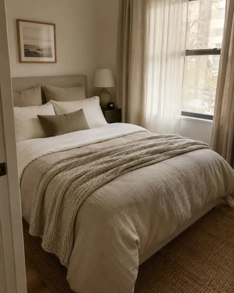 Small apartment bedroom with tonal cream, oat, and taupe bedding layered with soft neutral textures