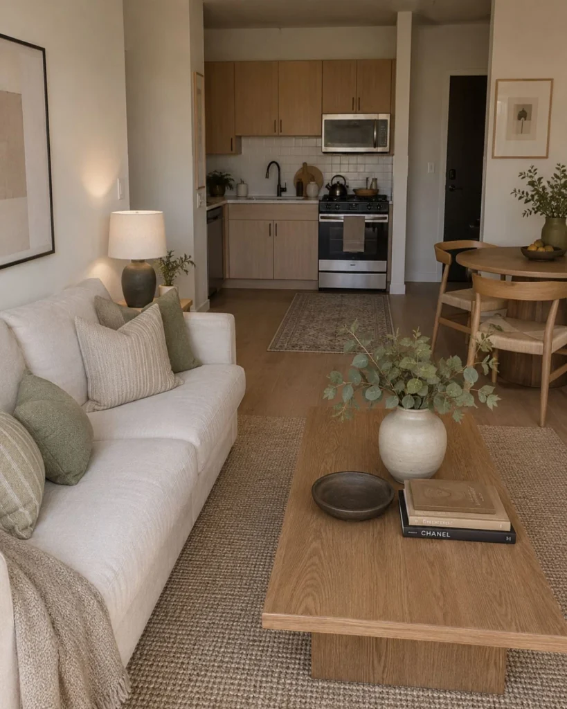 Small apartment interior with cream sofa, taupe textiles, oak furniture, sage accents, and neutral decor