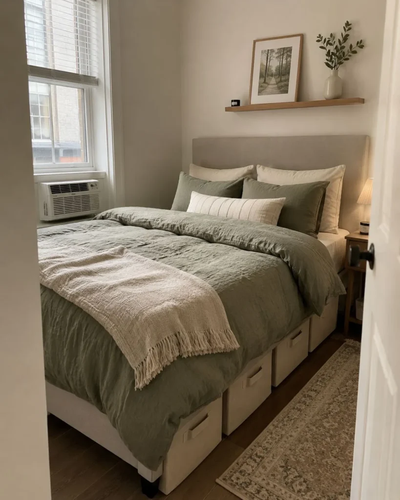 Small apartment bedroom with under-bed linen storage bins, cozy bedding, and soft neutral decor