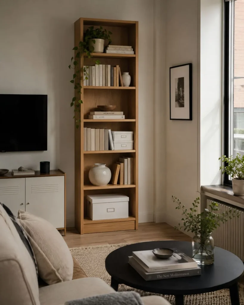 Compact apartment living room with a tall oak bookcase, neutral decor, closed boxes, books, and trailing plant
