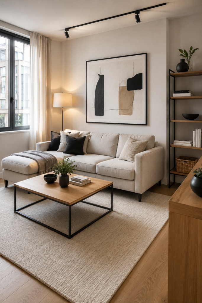 Modern apartment living room with large framed art above a neutral sofa