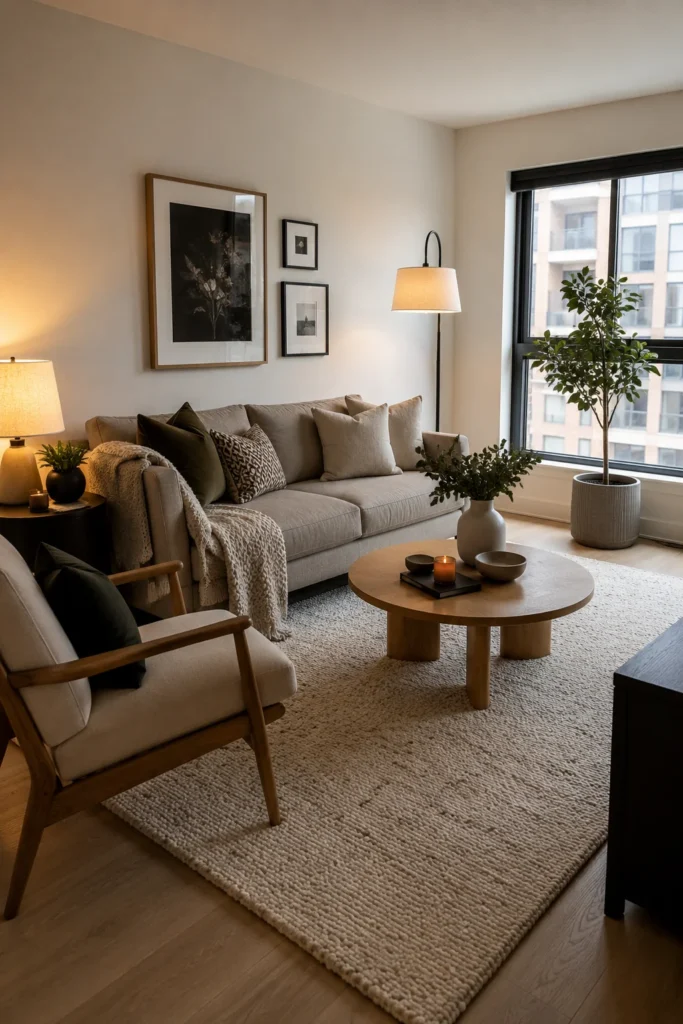 Cozy apartment seating area with a large cream rug, taupe sofa, and round oak coffee table