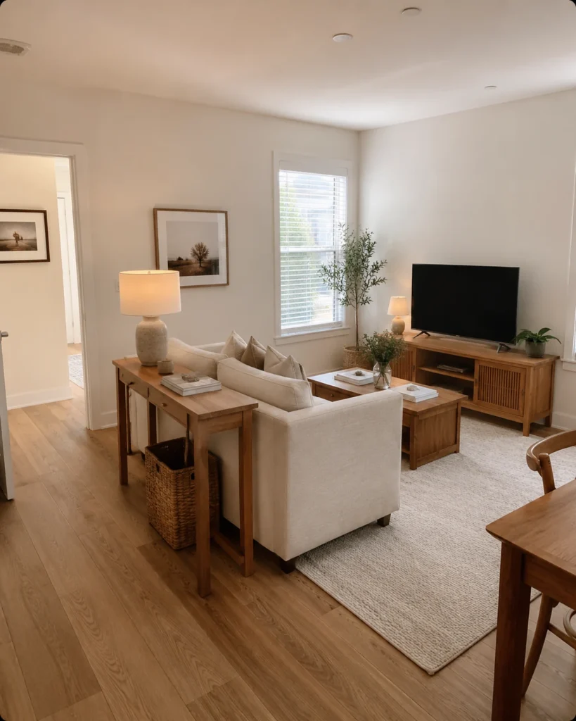 Floated linen sofa with slim console behind it in a cozy apartment living room