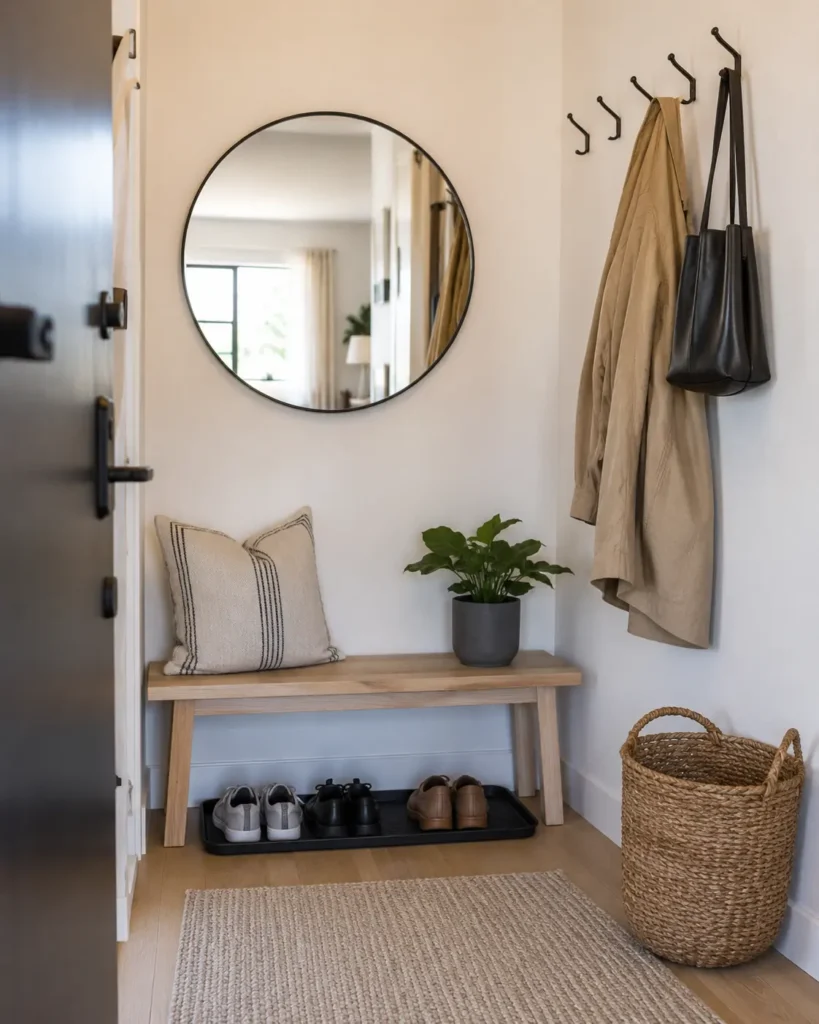 Small apartment entry styled with a bench, mirror, and organized accessories
