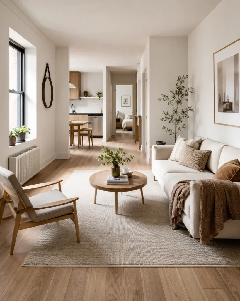 Airy apartment living room with low sofa, leggy chair, and open sightlines