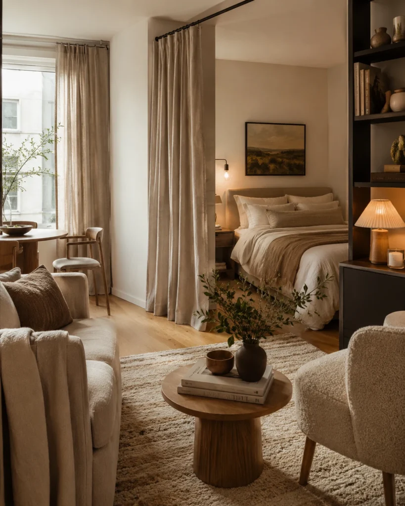 Cozy apartment with layered linen curtains, soft bedding, textured rug, and warm neutral textiles.