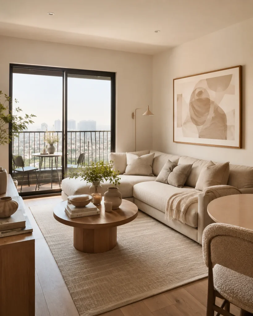 Warm neutral apartment living room with beige sofa, oak table, abstract art, and matching cream rug.