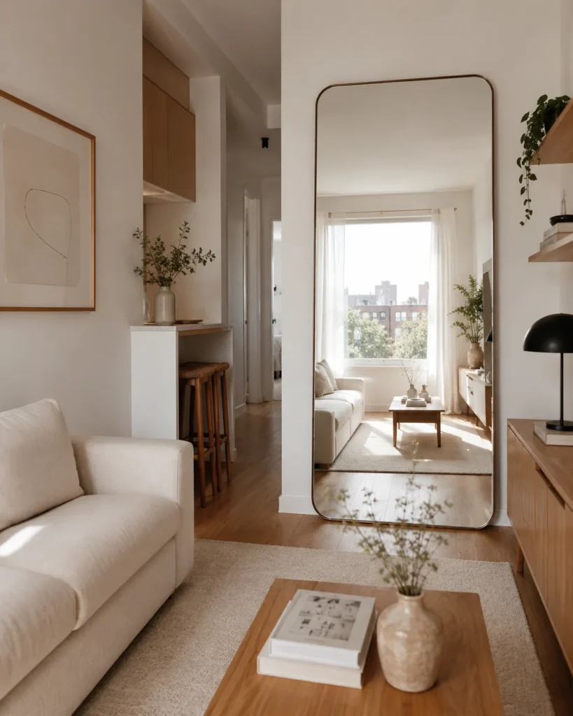 Oversized floor mirror reflecting daylight in a neutral small apartment living room