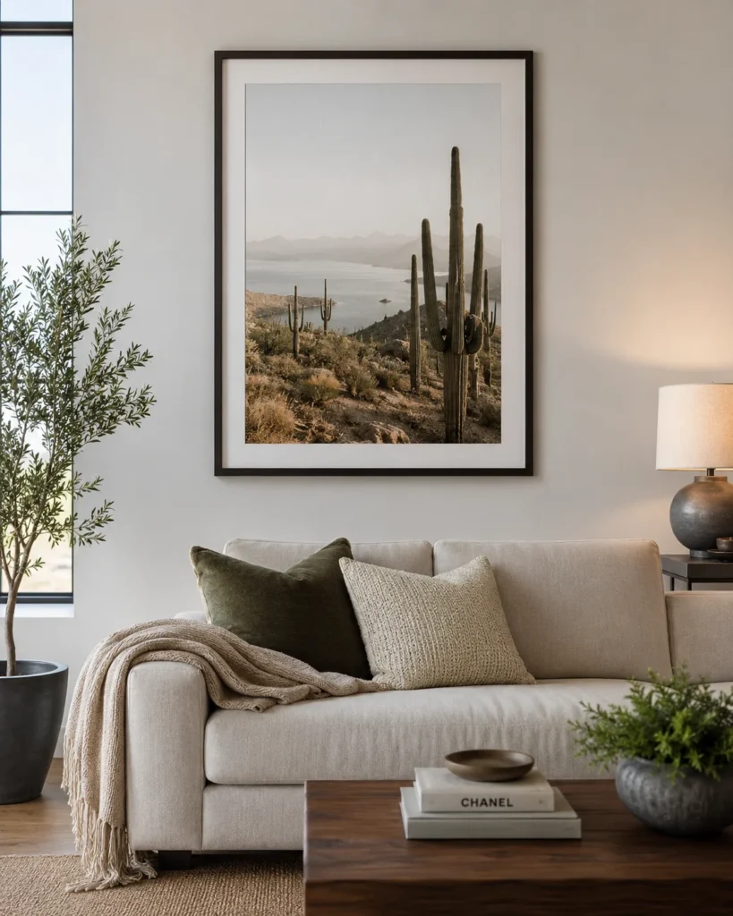Large framed wall art above a neutral sofa in a cozy apartment living room