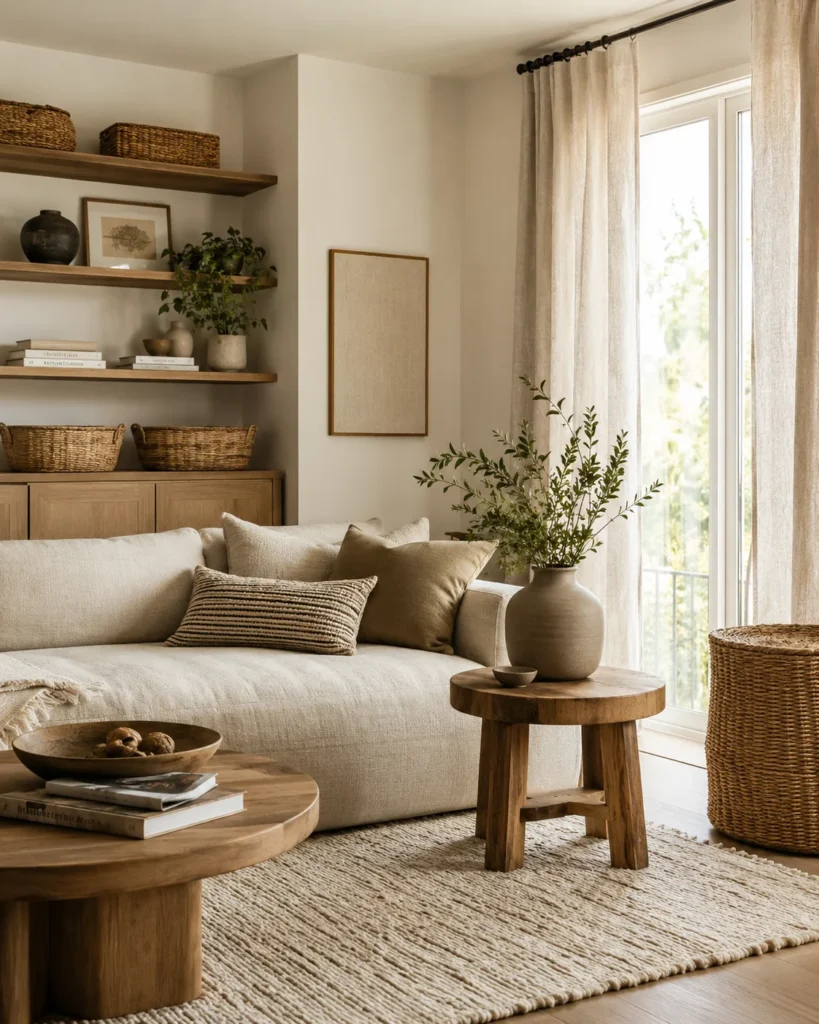 Warm apartment living room with wood furniture, woven baskets, linen curtains, and neutral natural decor